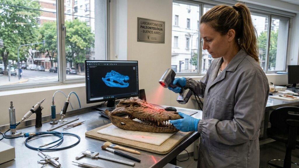 Este jacaré pré-historico gigante que viveu nos rios na época dos dinossauros e deixou fósseis que mostram como ele caçava grandes presas sem sofrer ameaças de outros predadores