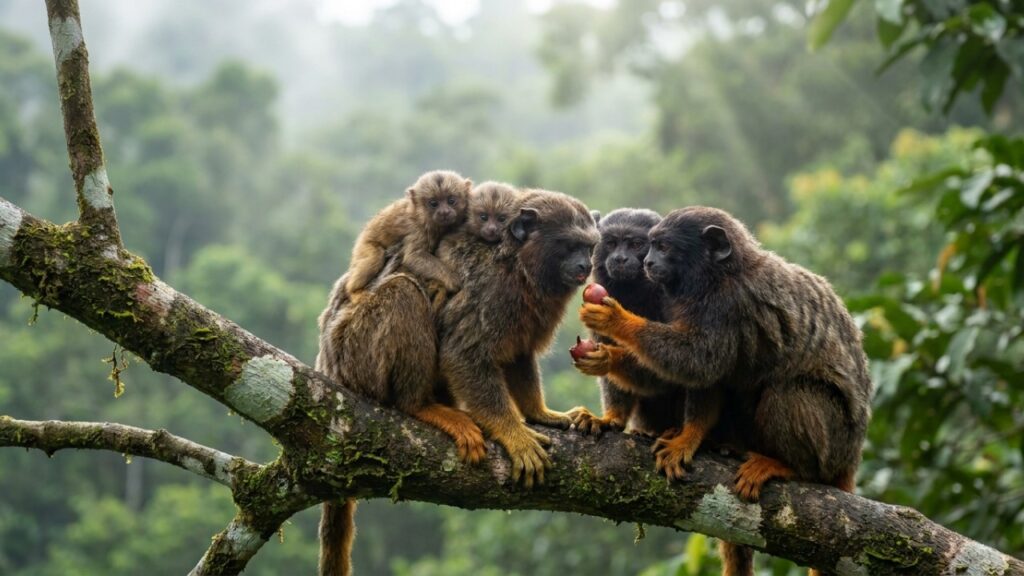 O intrigante sagui-de-mãos-douradas, famoso pelos estudos de vida selvagem por suas mãos alaranjadas e por sua surpreendente cooperação familiar na selva amazônica