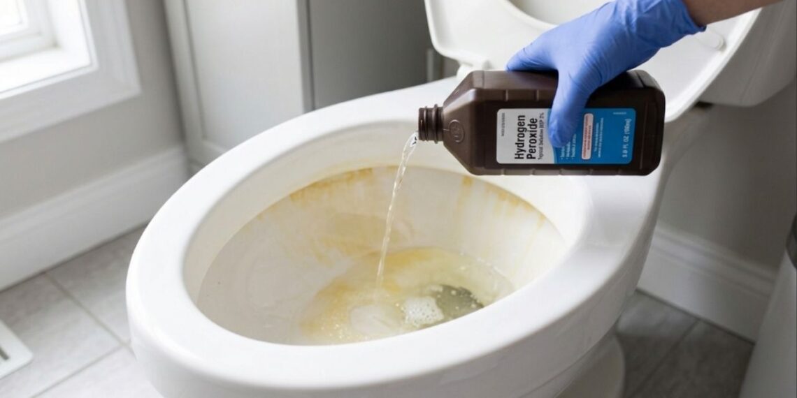 Meio copo de água oxigenada de 10 volumes no fundo do vaso sanitário e as manchas amarelas somem sem precisar esfregar em uma única aplicação