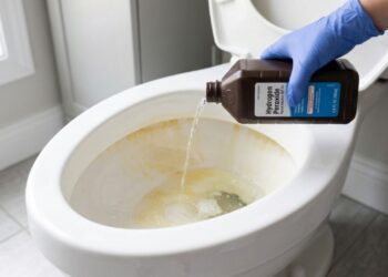 Meio copo de água oxigenada de 10 volumes no fundo do vaso sanitário e as manchas amarelas somem sem precisar esfregar em uma única aplicação