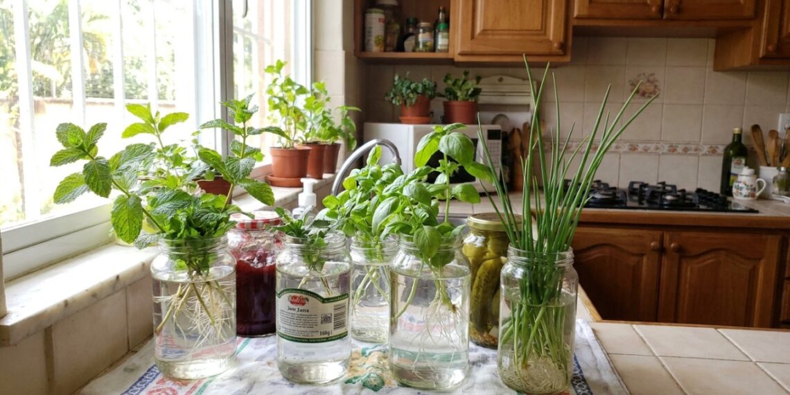 10 temperos que enraízam direto na água e ainda facilitam o cultivo orgânico em potes de vidro reaproveitados na janela