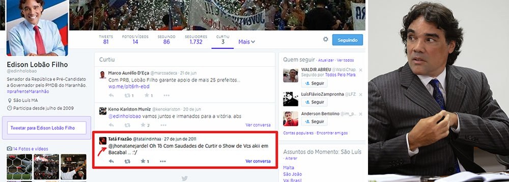 Candidato do PMDB ao governo do Maranhão já fez de tudo um pouco para atacar os opositores; desde interagir com perfis falsos no Twitter até usar o nome e a foto de uma estudante morta em 2011; a nova: seu perfil oficial no microblog (@Lobao_Filho, já excluído) pertencia à banda Jhonatan & Jardel desde 2009; tudo para mostrar os seguidores que ele, na verdade, não tem