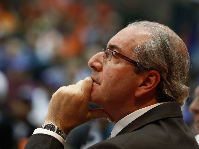 The president of the Brazilian Chamber of Deputies, Eduardo Cunha, from the Brazilian Democratic Movement Party (PMDB) meets with union workers in Sao Paulo