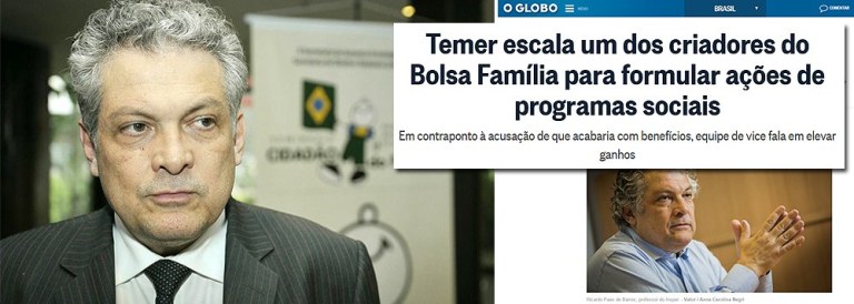 A colunista do 247, Tereza Cruvinel, desmonta a farsa da reportagem de O Globo que anuncia que "Temer escala criador do Bolsa Família para ações sociais"; "Quando se abre a matéria, a mentira é relativizada: “Temer escala um dos criadores do Bolsa Família para formular ações de programas sociais”. A matéria se refere ao economista Ricardo Paes de Barros, que fez estudos sobre os programas sociais da era petista, mas não foi criador nem parceiro na criação de nenhum dos programas sociais das gestões Lula e Dilma", pondera a jornalista; ela destaca declaração da economista e professora da UFRJ Lena Lavinas que afirma que "chamar Paes de Barros de criador ou de "um dos criadores" de tudo isso é um verdadeiro estelionato intelectual"