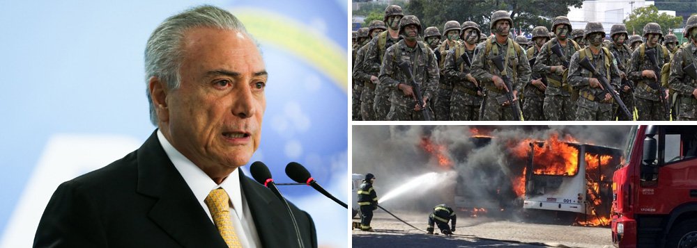 Colunista do 247 Paulo Moreira Leite diz que decisão do interino Michel Temer de autorizar o uso de tropas do Exército no esforço para conter a rebelião em Natal, no Rio Grande do Norte, "parece um gesto natural", mas "não é. Representa uma grande regressão política e institucional"; segundo o jornalista, "até agora os antecessores de Temer sempre fizeram o possível para resistir" a colocar as Forças Armadas em ações como o combate ao tráfico de drogas porque "equivale a um rebaixamento das atribuições, o que não é conveniente em nenhum período da história – muito menos em conjunturas de insegurança internacional, ameaças e disputas de todo tipo, como agora, inclusive o pré-sal"