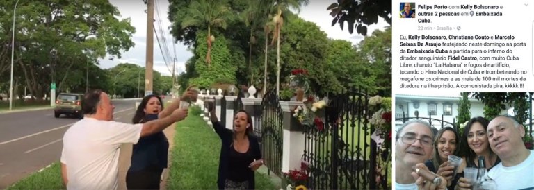 Felipe Porto, militante do MBL, postou numa rede social fotografia em que aparecem ele, Kelly Bolsonaro, Cristiane Couto e Marcelo Seixas de Araujo brindando à morte de Fidel na porta da Embaixada. Seu texto diz: “Eu, Kelly Bolsonaro, Criatiane Couto e Marcelo Seixas de Araujo festejando, neste domingo, na porta da Embaixada de Cuba a partida para o inferno do ditador sanguinário Fidel Castro, com muita Cuba Libre, charuto “La Habana” e fogos de artifício, tocando o Hino Nacional de Cuba e trombeteando no microfone os crimes e as mais de 100 mil mortes da ditadura na ilha-prisão. A comunistada pira, kkkk...”; texto de Tereza Cruvinel