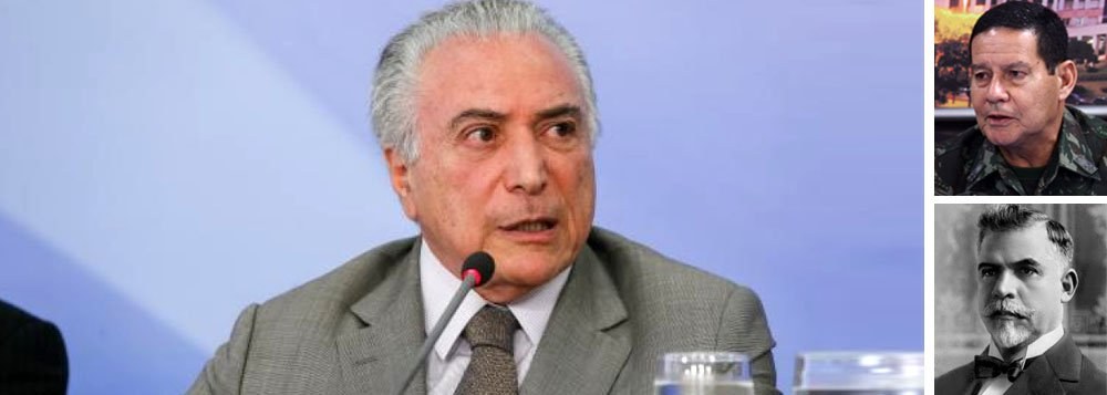 Colunista do 247, Alex Solnik lembra a deposição do presidente Washington Luís pelos militares, em 1930; em carta endereçada ao então presidente, os generais justificavam o golpe para garantir a salvação pública e a integridade da nação; "Esse golpe que, segundo o general Hamilton Mourão está em preparação e será deflagrado se o Poder Judiciário “não der um jeito na classe política” poderá ser o décimo. O texto da cartinha a Temer é só copiar da de Washington Luís", diz Solnik