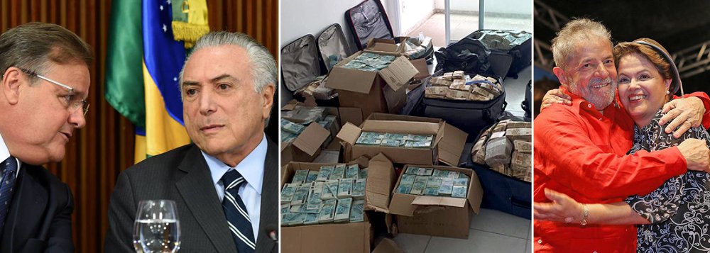 "Contra Lula e Dilma não há malas, contas bancárias nem gravações suspeitas, apenas palavras que não se sustentam do ponto de vista jurídico porque não podem ser comprovadas e que se prestam apenas a criar um clima anti-petista na sociedade", diz o colunista do 247 Alex Solnik, ao comparar as denúncias contra o ex-presidente Lula e a presidente deposta Dilma Rousseff, com o que é apresentado contra Michel Temer e seus auxiliares diretos, como Geddel Vieira Lima, preso após a maior apreensão de dinheiro vivo da história do País; "Contra Temer e sua turma abundam fatos escandalosos em série, amplamente provados por fotos e gravações que não podem ser desmentidos. E ainda tem gente que acha e diz que é tudo a mesma coisa", diz Solnik
