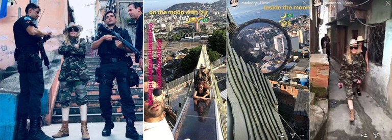 "Peituda, Madonna posou no morro da Previdência ao lado de uma suposta escolta de PMs. (Nunca se sabe, quando se trata de Madonna se é vida real ou clip)", escreve Alex Solnik, colunista do 247; ele analisa o contexto da visita da pop star a um morro no Rio de Janeiro, cujos registros de violência já ganham contornos de guerra civil; "Ela não pediu licença a ninguém, foi lá e pronto. Subir ao morro, hoje, não é turismo. É roleta russa. É o que contam as notícias diárias. O morro carioca, berço do samba, romântico nos anos 50, como o conhecemos nas obras-primas de Nelson Pereira dos Santos virou território de bala perdida", diz Solnik