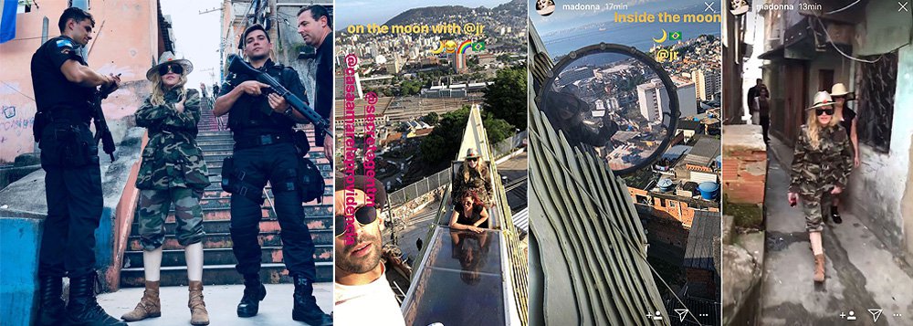 "Peituda, Madonna posou no morro da Previdência ao lado de uma suposta escolta de PMs. (Nunca se sabe, quando se trata de Madonna se é vida real ou clip)", escreve Alex Solnik, colunista do 247; ele analisa o contexto da visita da pop star a um morro no Rio de Janeiro, cujos registros de violência já ganham contornos de guerra civil; "Ela não pediu licença a ninguém, foi lá e pronto. Subir ao morro, hoje, não é turismo. É roleta russa. É o que contam as notícias diárias. O morro carioca, berço do samba, romântico nos anos 50, como o conhecemos nas obras-primas de Nelson Pereira dos Santos virou território de bala perdida", diz Solnik