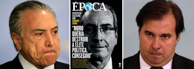 "Cunha mudou de estratégia. Agora não fustiga mais Temer, como há alguns meses quando lhe dirigia perguntas altamente comprometedoras – tão comprometedoras que Moro vetou muitas delas – e ameaçava conquistar o feito inédito de derrubar dois presidentes, um em seguida ao outro", diz o colunista Alex Solnik; "Ruim com Temer, pior sem Temer – é o que deve pensar. Não por acaso ele diz na entrevista que Maia não tem condição de ser presidente da República. Seria o pior dos mundos para ele. Ele odeia Maia porque seu sogro, Moreira Franco, é seu maior desafeto dentro do grupo palaciano. E por entender que com Maia no poder não terá a mesma chance de deixar a cadeia"