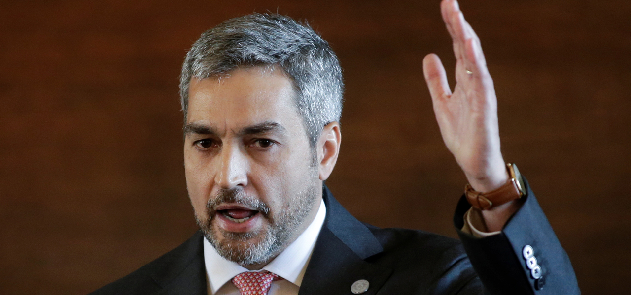 Paraguay's President Mario Abdo Benitez gestures as he makes declarations at the Lopez palace in Asuncion, Paraguay, August 1, 2019. REUTERS/Jorge Adorno
