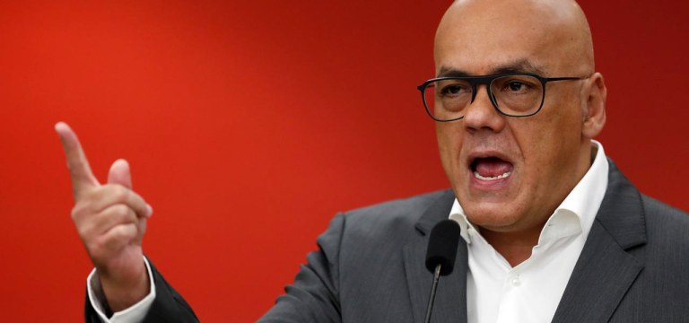 Venezuela's Communications and Information Minister Jorge Rodriguez speaks during a news conference at Miraflores Palace in Caracas
