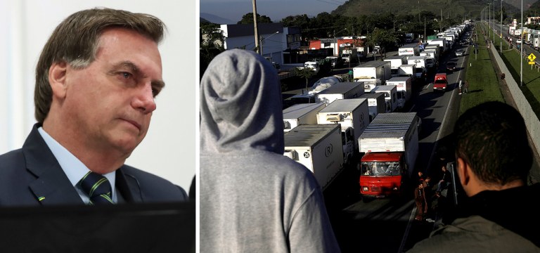 Jair Bolsonaro e caminhoneiros em greve