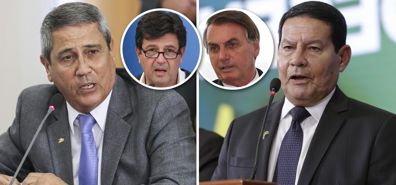 General Braga Netto, Hamilton Mourão; Luiz Henrique Mandetta e Jair Bolsonaro no detalhe