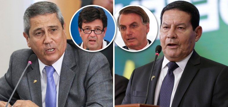 General Braga Netto, Hamilton Mourão; Luiz Henrique Mandetta e Jair Bolsonaro no detalhe
