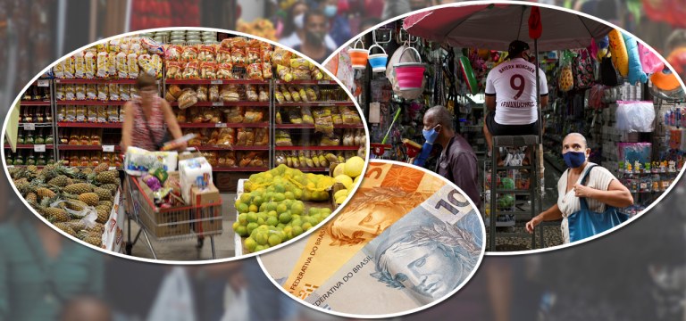 Pessoas fazendo compras e cédulas de Real