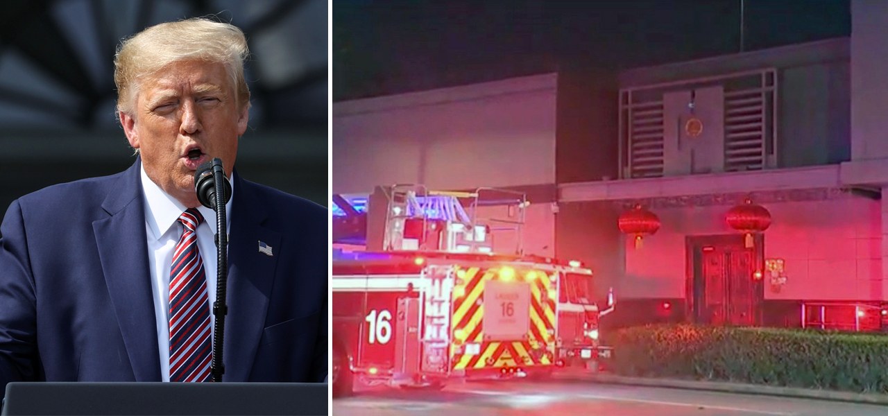 Donald Trump e carro de bombeiros é visto do lado de fora do consulado chinês em Houston, nos EUA
