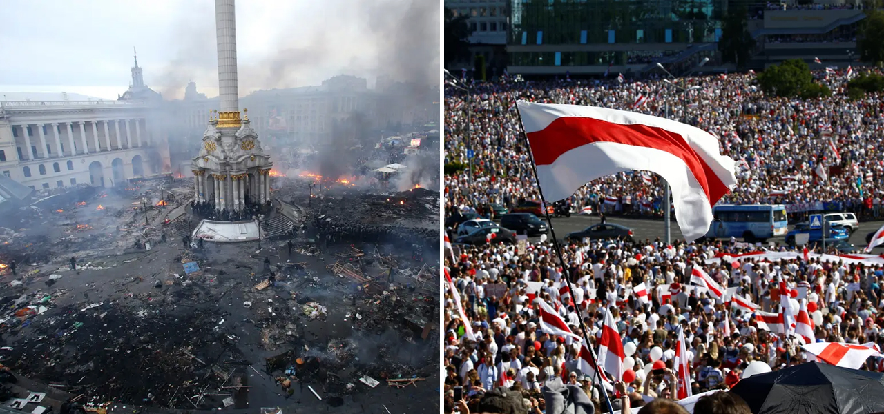 Manifestação na praça Maidan em 2014 e protesto em Minsk neste domingo (16).
