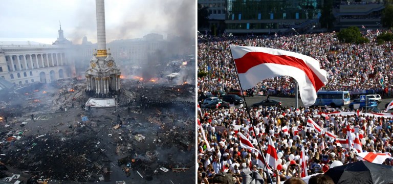 Manifestação na praça Maidan em 2014 e protesto em Minsk neste domingo (16).