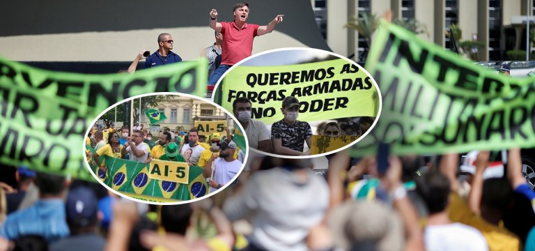 Bolsonaro discursa em ato, em Brasília, em que manifestantes pediam intervenção militar