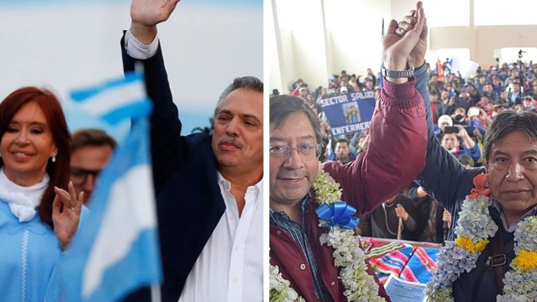 Vice Cristina kirchner, ao lado do presidente argentino, Alberto Fernández, e Luis Arce, eleito presidente da Bolívia, junto com seu vice, David Choquehuanca