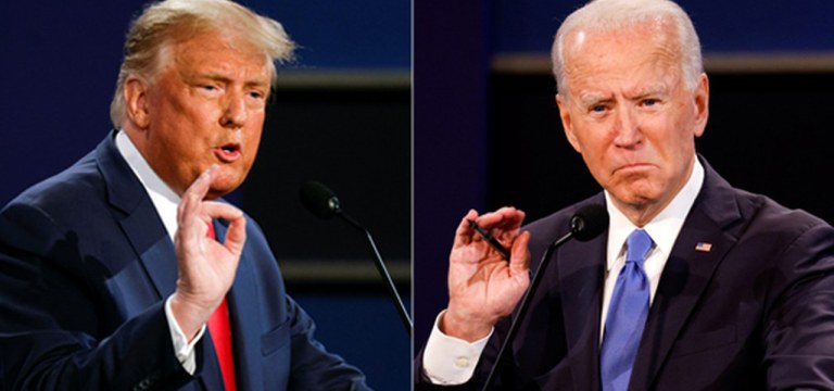 Trump e Biden durante segundo e último debate antes das eleições nos EUA, em 22 de outubro.