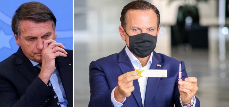 Jair Bolsonaro e Doria segurando a vacina CoronaVac
