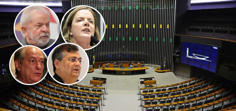 Lula, Gleisi Hoffmann, Ciro Gomes, Flávio Dino e plenário da Câmara dos Deputados