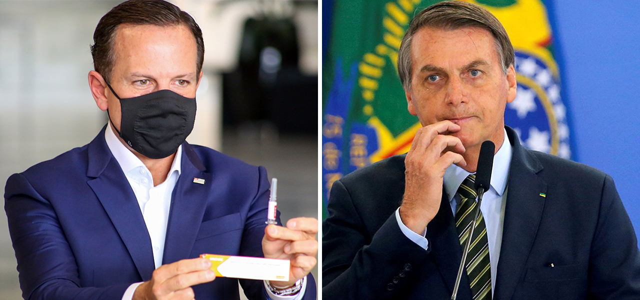Doria segurando a vacina CoronaVac e Jair Bolsonaro.