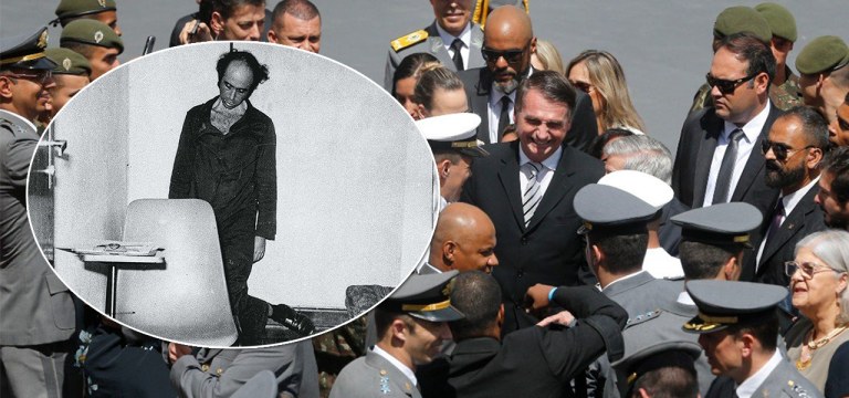 Vladimir Herzog enforcado pelo Exército e Bolsonaro cercado por militares