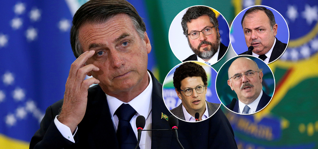 Jair Bosonaro e os ministros Ernesto Araújo (Relações Exteriores), Ricardo Salles (Meio Ambiente), Eduardo Pazuello (Saúde) e Milton Ribeiro (Educação)