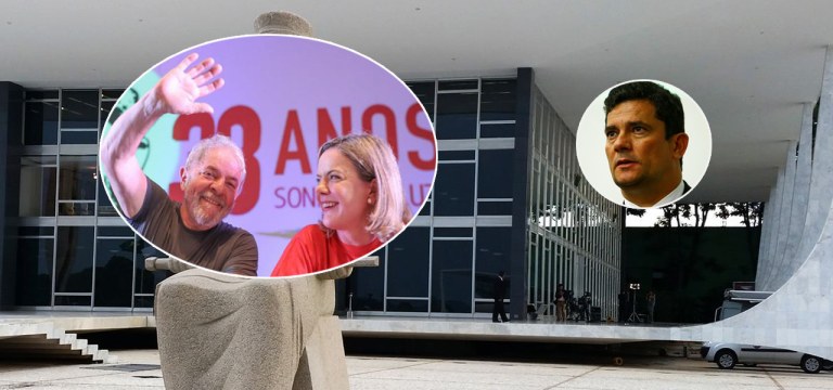 Ex-presidente Lula, Gleisi Hoffmann e Sérgio Moro