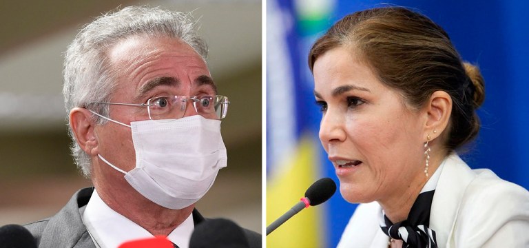 Senador Renan Calheiros (MDB-AL) e a secretária de Gestão do Trabalho do Ministério da Saúde, Mayra Pinheiro, conhecida como "Capitã Cloroquina"