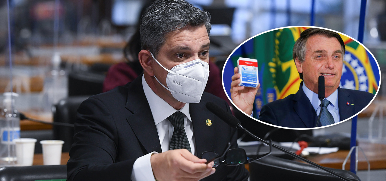 Rogério Carvalho e Bolsonaro segurando caixa de cloroquina