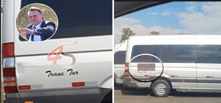 Bolsonaro em Sorocaba, e as vans que transportaram a comitiva. Fotos: Daniel Gil e Fábio Rogério