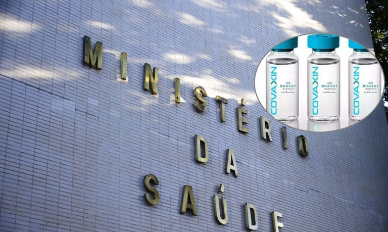 Fachada do Ministério da Saúde na Esplanada dos Ministérios e a vacina Covaxin