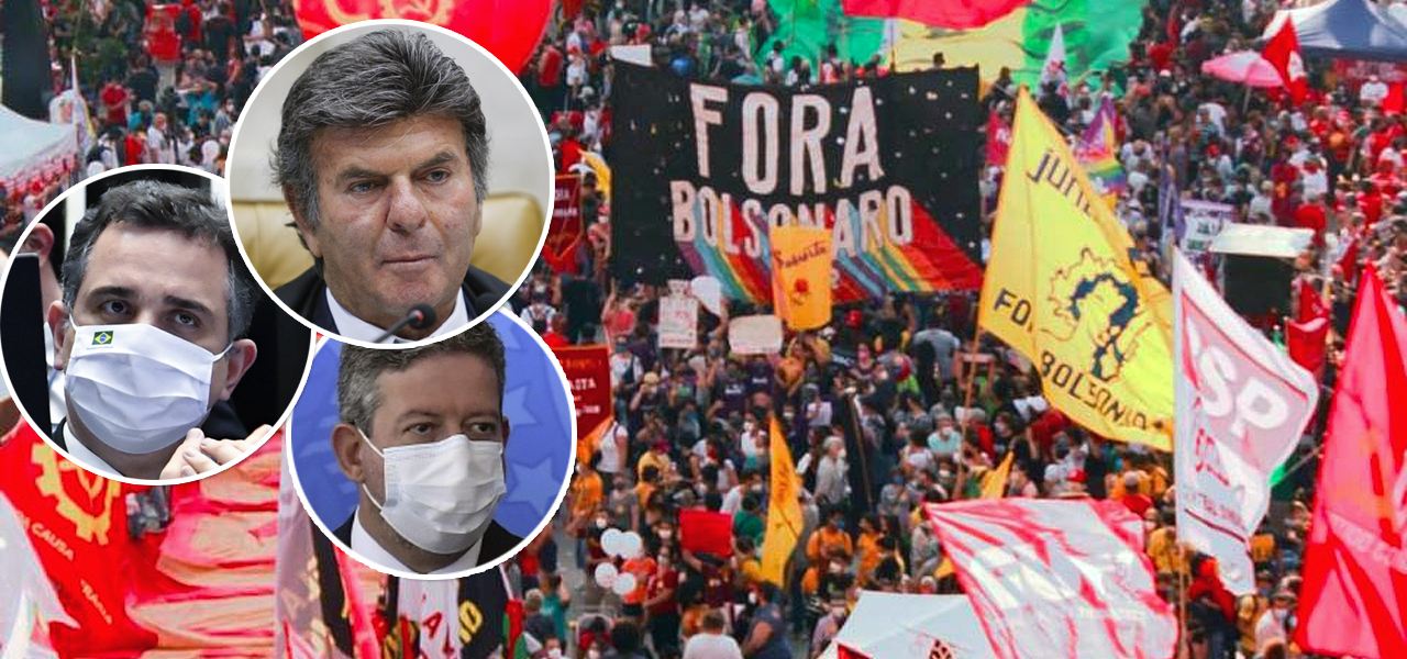 Presidentes do Senado, Rodrigo Pacheco, da Câmara dos Deputados, Arthur Lira, do STF, Luiz Fux, e um ato contra Jair Bolsonaro