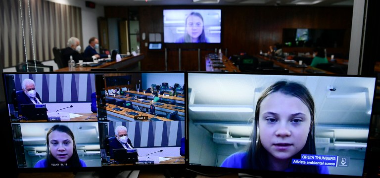 Ativista ambiental sueca Greta Thunberg, em pronunciamento via videoconferência.