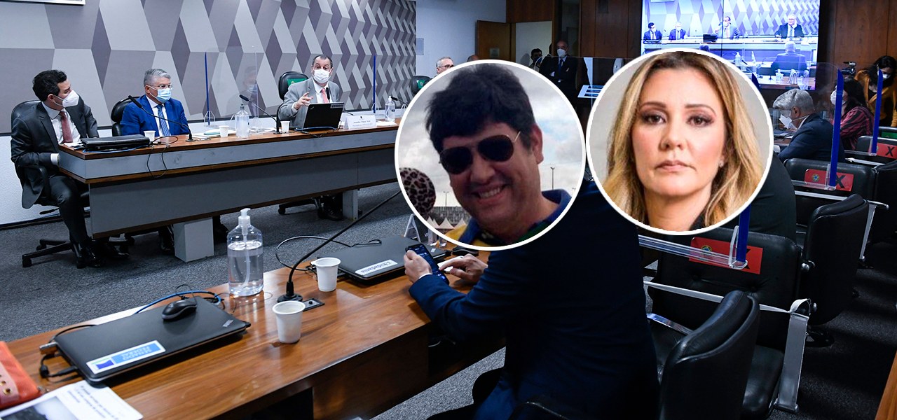 Lobista Marconny Albernaz de Faria e a advogada Karina Kufa mais a CPI da Covid ao fundo