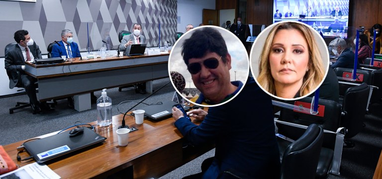 Lobista Marconny Albernaz de Faria e a advogada Karina Kufa mais a CPI da Covid ao fundo