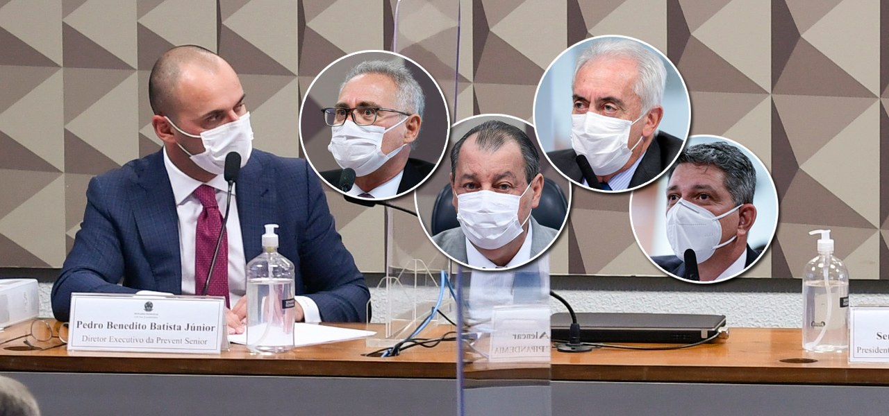 Pedro Benedito Batista Júnior, diretor da Prevent Senior, e os senadores Renan Calheiros, Omar Aziz, Otto Alencar e Rogerio Carvalho