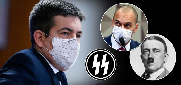 Senador Randolfe Rodrigues, diretor-executivo da Prevent Senior, diretor-executivo da Prevent Senior, Pedro Benedito Batista Júnior, Adolf Hitler e o símbolo da organização nazista Schutzstaffel