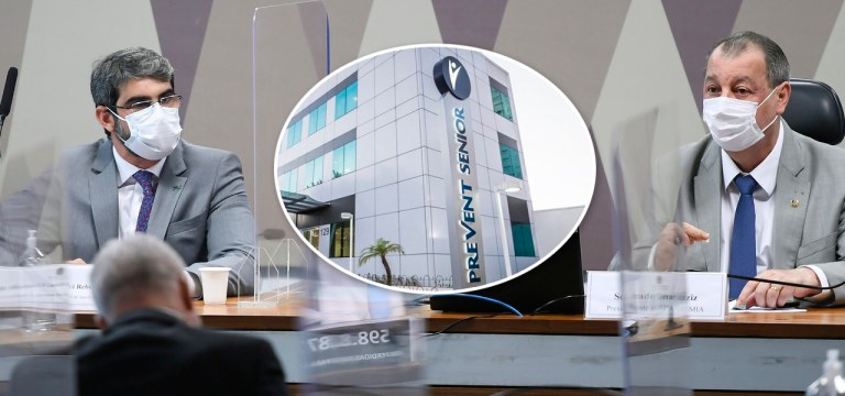 Diretor-presidente da Agência Nacional de Saúde Suplementar (ANS), Paulo Roberto Vanderlei Rebello Filho e  senador Omar Aziz; fachada da Prevent Senior