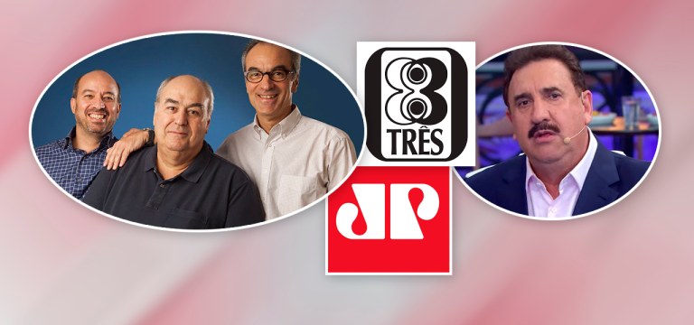 Família Marinho, logos da Jovem Pan e da Editora 3, e o apresentador Ratinho