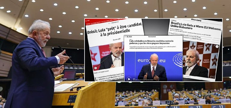 Lula em discurso no Parlamento Europeu / capas de jornais europeus