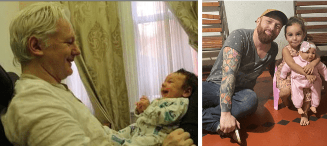 Assange com a filha na Embaixada em Londres; Delgatti com a filha em Araraquara