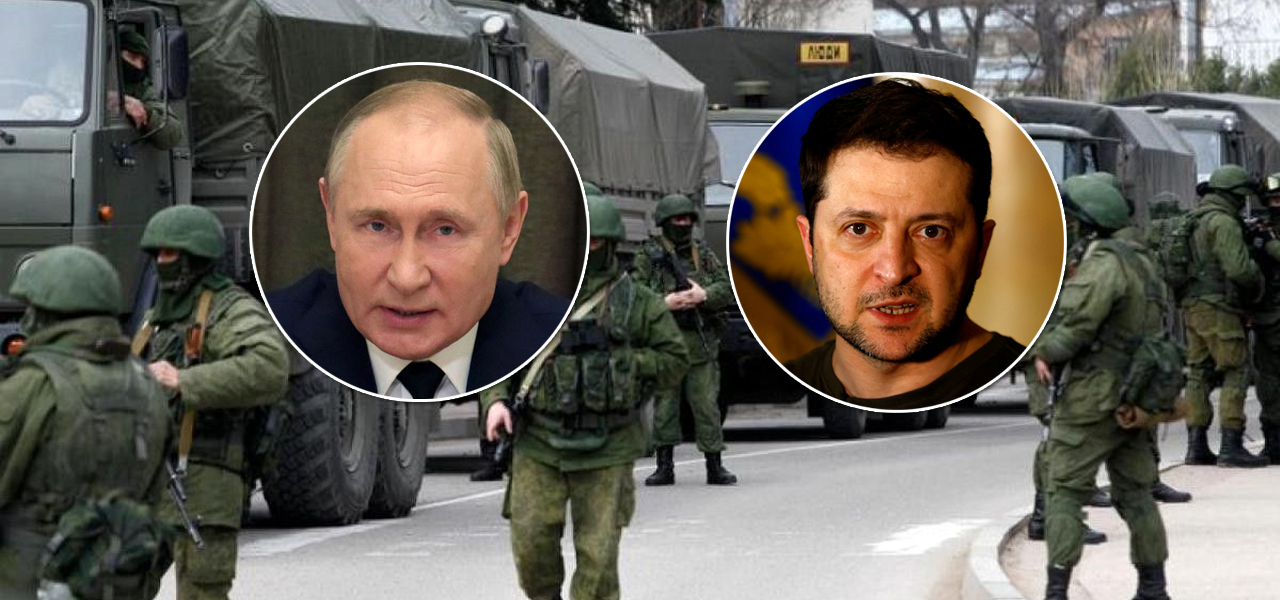 Presidentes Vladimir Putin (Rússia) e Volodymyr Zelensky (Ucrânia) mais tropas russas em solo ucraniano ao fundo