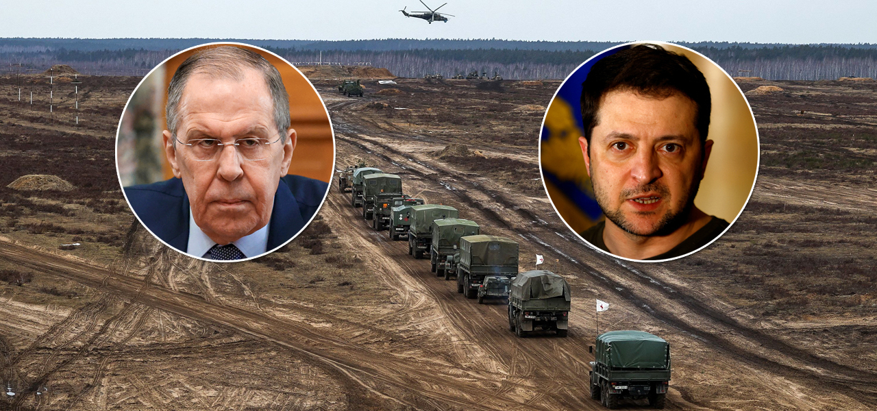 Ministro das Relações Exteriores da Rússia, Sergey Lavrov, e o presidente da Ucrânia, Volodymyr Zelensky