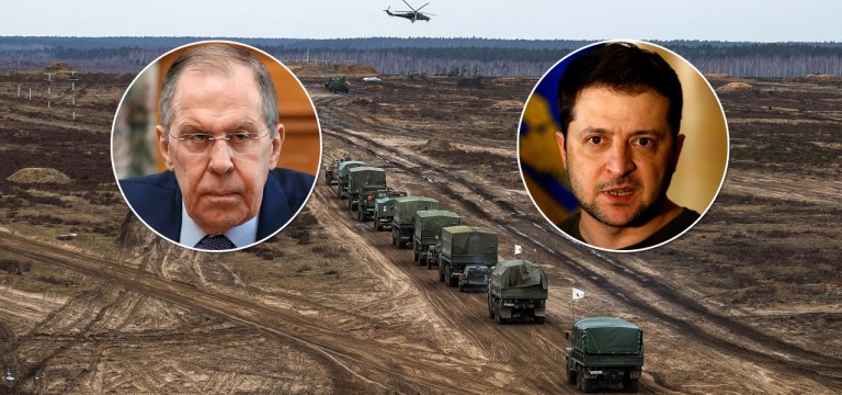 Ministro das Relações Exteriores da Rússia, Sergey Lavrov, e o presidente da Ucrânia, Volodymyr Zelensky